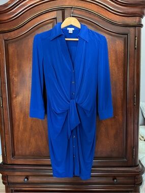 Caché Cobalt Blue Ruched Tie-Front Button Shirt Dress Size Larhe